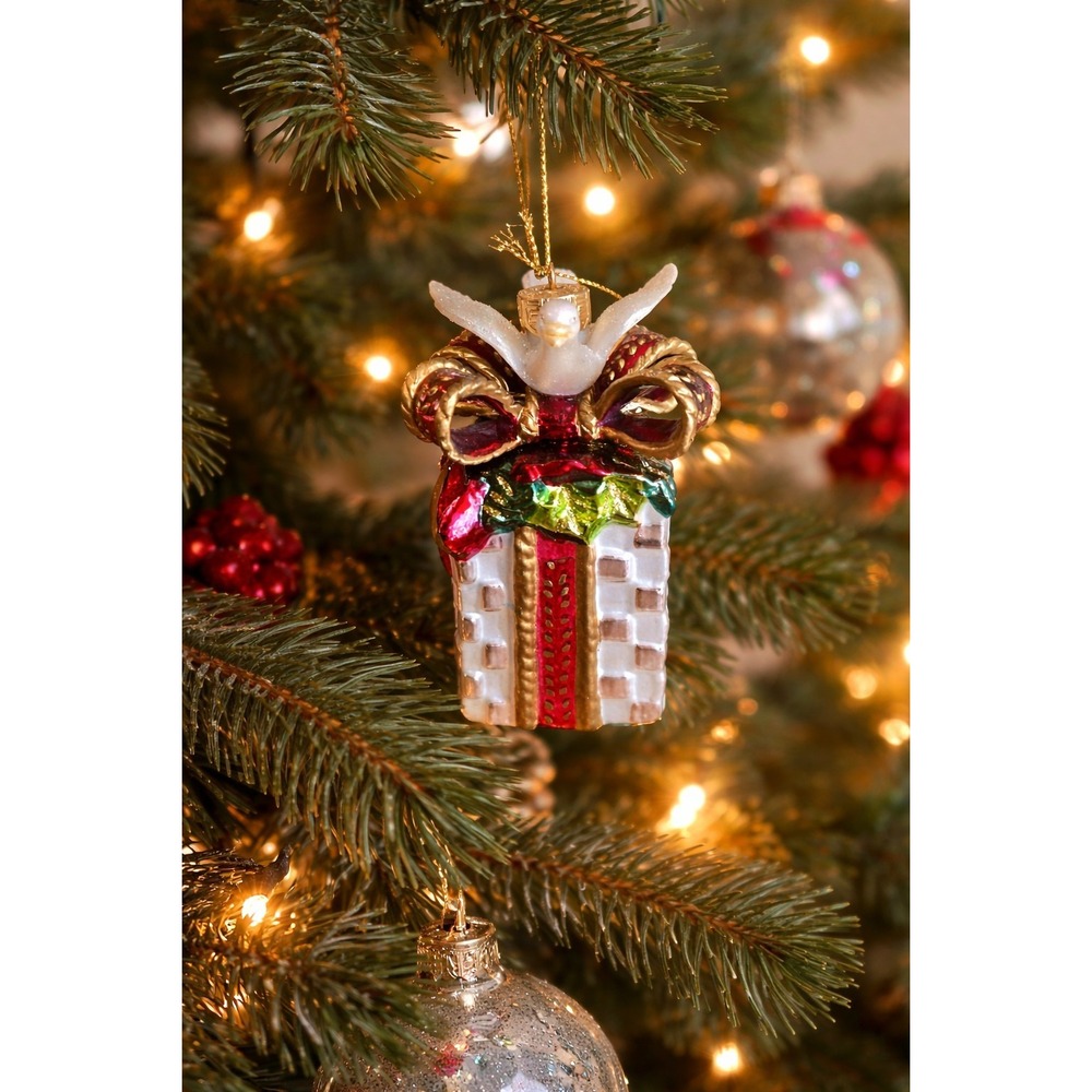 NIB Fitz & Floyd Gift Box Dove Glass Christmas Ornament Bow Cottagecore VTG INSP